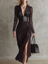 Retro High-end Brown-red Imitation Leather Stitching Lace Long-sleeved Maxi Dress