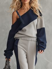 Casual Sportswear Patchwork One-shoulder Sweatshirt And Sweatpants Set