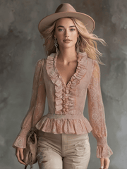 Elegant Pink Chiffon Lace Ruffled Shirt