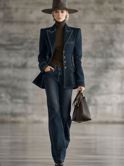 Fashion Retro Topstitched Navy Blue Denim Jacket