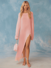 Retro Comfortable Lazy Round Neck Slit Detail Lace Trim Light Pink Lightweight Knitted Maxi Dress