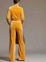 Casual Sporty Retro Leopard Print Trim Yellow Velvet Sweatshirt Wide-Leg Pants Set
