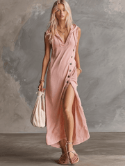 Elegant Retro Sporty Hooded V-neck Sleeveless Lace Trim Side Slits And Button Pink Cotton Midi Dress