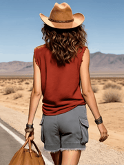 Casual Retro Deep Red Cotton Frayed Round Neck Top