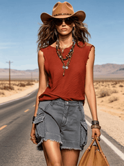 Casual Retro Deep Red Cotton Frayed Round Neck Top