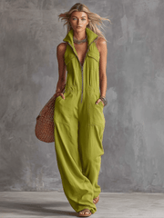Casual Retro Western Collar Front Zipper Bright Green Cotton Linen Jumpsuit