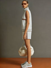 Retro Sporty Grey And White Half-zip Sleeveless Sweatshirt And Shorts Set