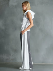 Casual Sporty Color-Block Hooded Sleeveless Top And Wide-Leg Pants Set