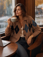 Old-Money Camel Argyle Collared Button-Front Long-Sleeve Knit Cardigan Women