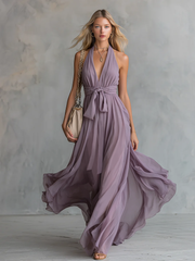 Elegant And Stylish Halter Neck V-neck Sleeveless Chiffon Maxi Dress