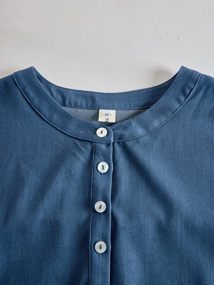 Retro Blue Tencel Denim Short-sleeved Maxi Dress