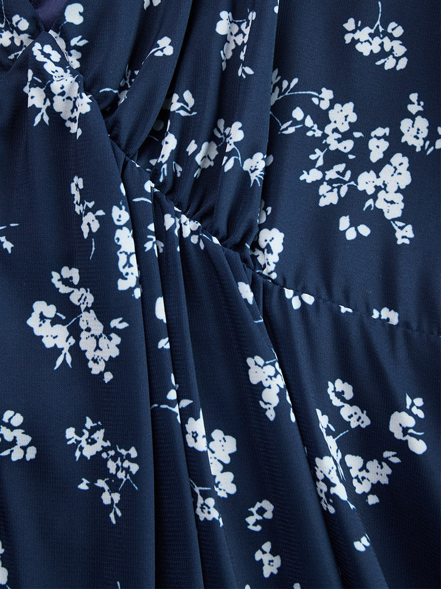 Retro Classic Floral Print Navy Blue Chiffon Sleeveless Maxi Dress