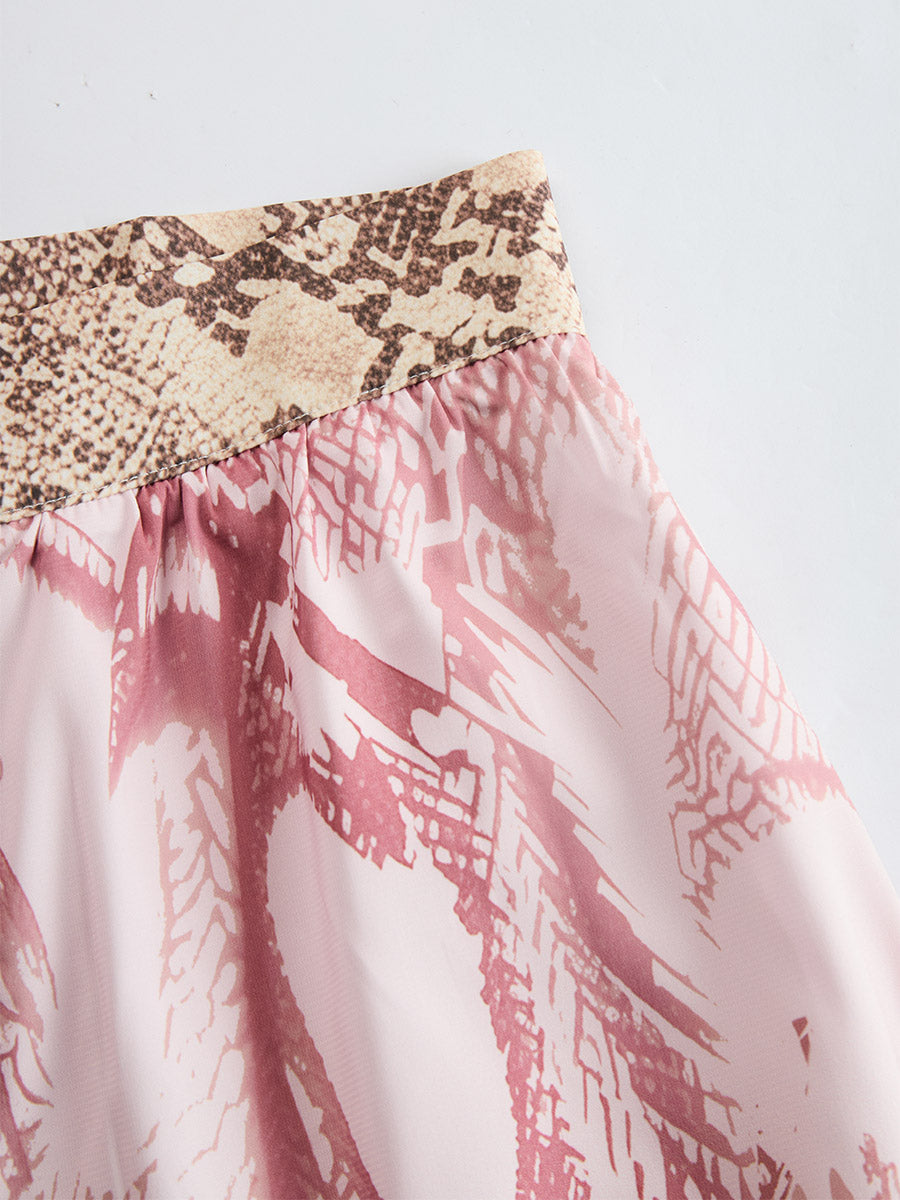 Retro Urban Style Pink Snake Print One-shoulder T-shirt And Wide-leg Pants Set
