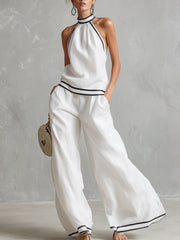 Elegant Minimalist Trimmed White Cotton Linen Halter Neck Top And Wide-leg Pants Set