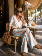 Retro Casual Ivory Surplice V-Neck Top And Blue Red Striped Wide-Leg Cotton-Linen Pants Set