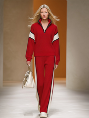 Retro Sports Style Contrast Color Knit Top And Pants Set