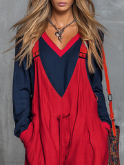 Retro Bohemian Style Color-blocked Cotton And Linen Top And Overalls Set