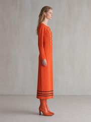 Retro Orange-red Off-shoulder Double-breasted Nautical-style Long Denim Dress