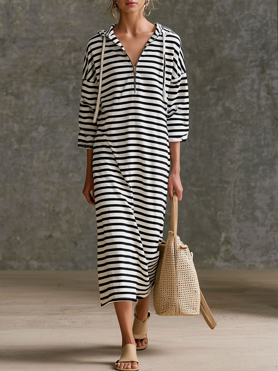 Casual Sporty Retro Black And White Striped Pure Cotton Hooded Midi Dress