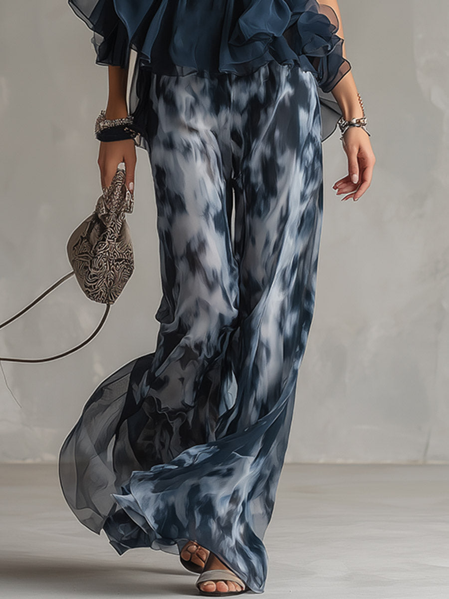 Elegant Urban Navy Blue Printed Wide-leg Pants