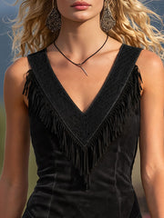 Retro V-neck Fringed Suede Sleeveless Mini Dress