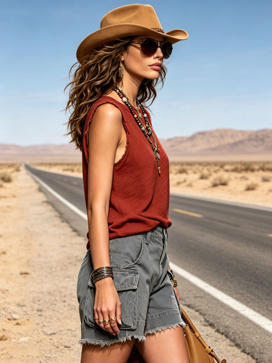 Casual Retro Deep Red Cotton Frayed Round Neck Top