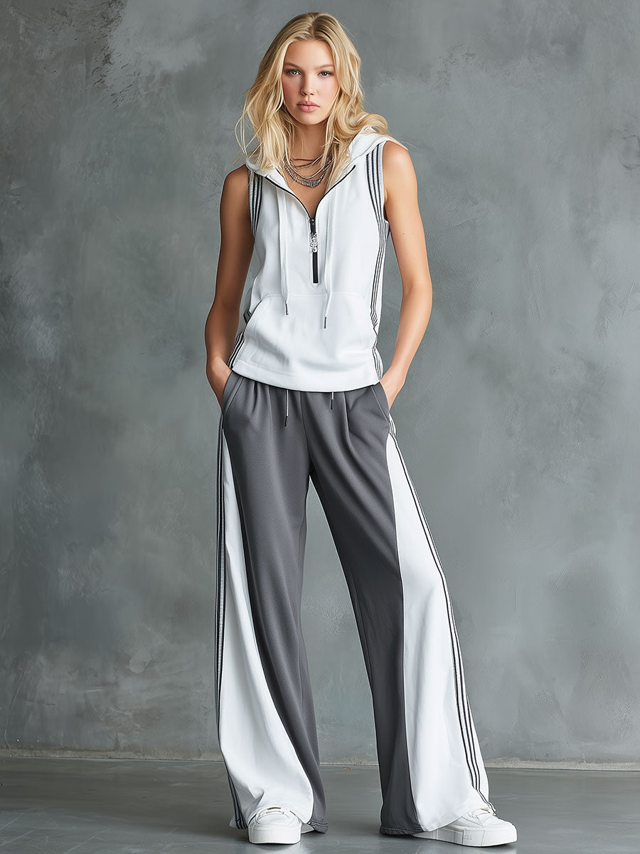 Casual Sporty Color-Block Hooded Sleeveless Top And Wide-Leg Pants Set