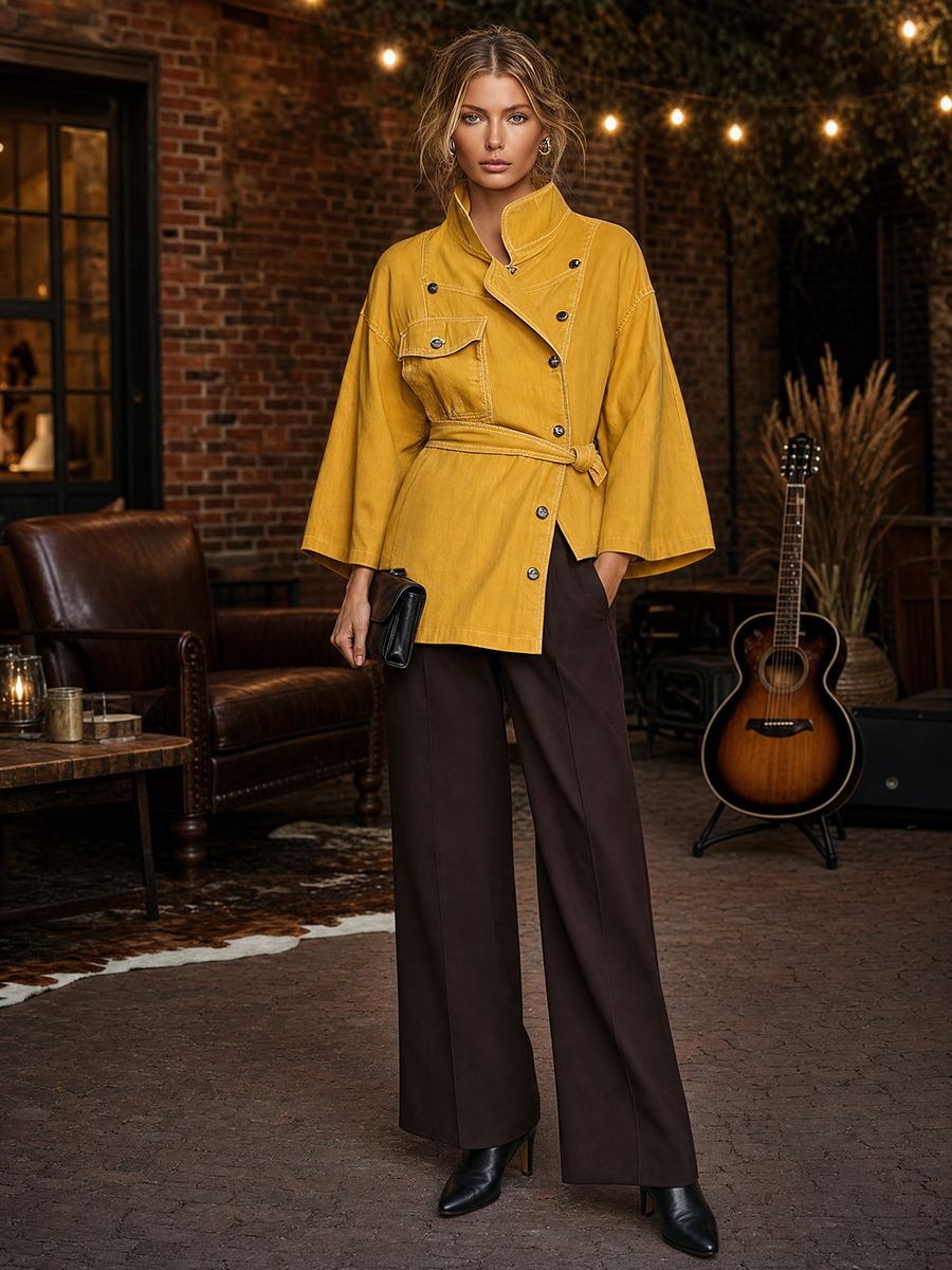 Mustard Yellow Denim Jacket Belted Double Breasted Stand Collar Flare Sleeve
