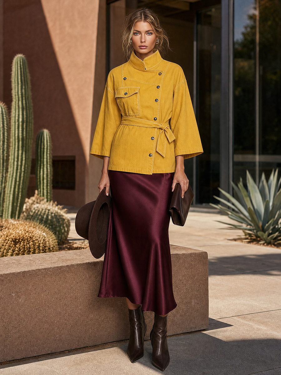 Mustard Yellow Denim Jacket Belted Double Breasted Stand Collar Flare Sleeve