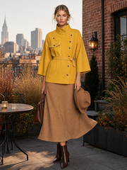 Mustard Yellow Denim Jacket Belted Double Breasted Stand Collar Flare Sleeve