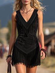 Retro V-neck Fringed Suede Sleeveless Mini Dress
