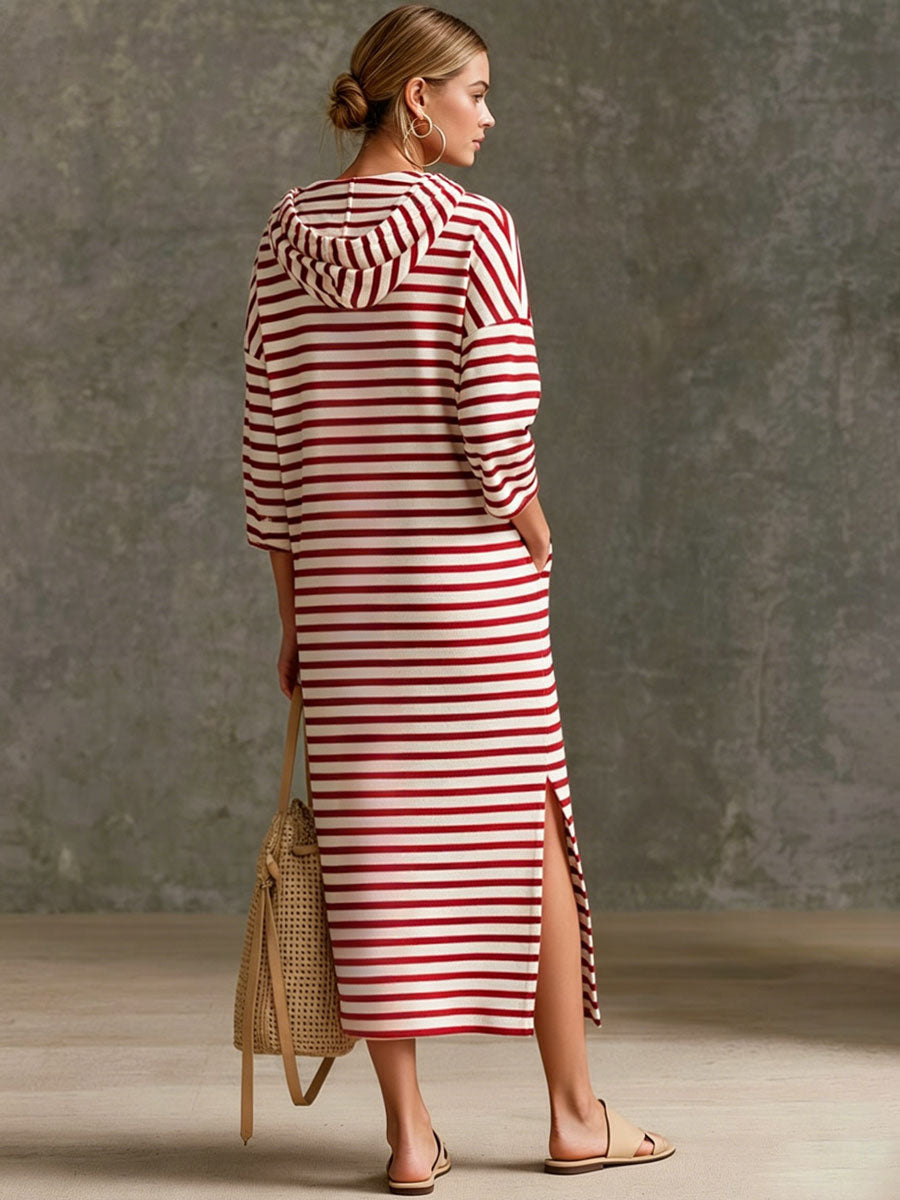 Casual Sporty Retro Black And White Striped Pure Cotton Hooded Midi Dress