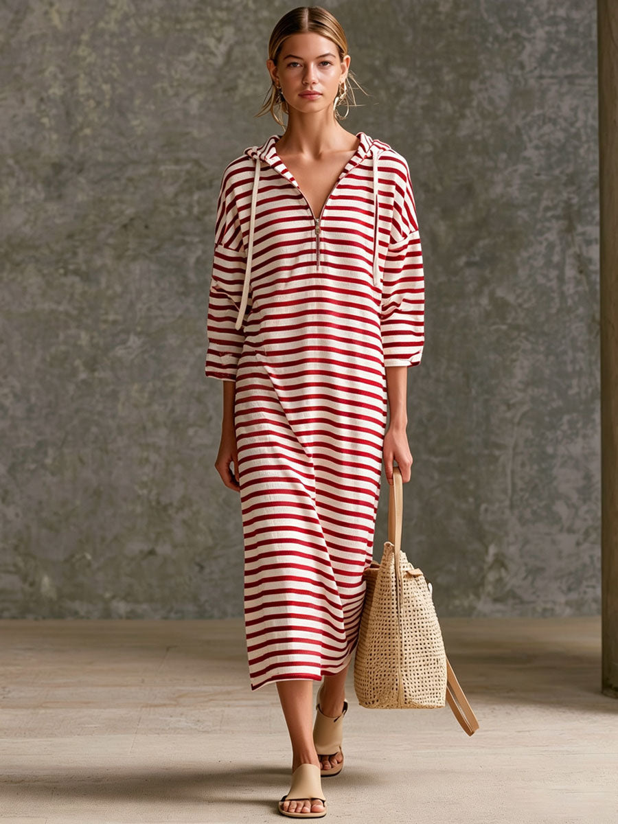 Casual Sporty Retro Black And White Striped Pure Cotton Hooded Midi Dress