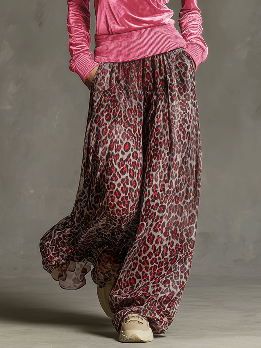 Retro Leopard Print Chiffon Pants