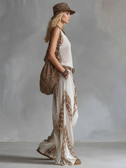 Elegant Vacation Style White Chiffon Printed Wide-leg Pants