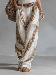 Elegant Vacation Style White Chiffon Printed Wide-leg Pants
