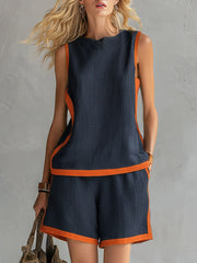 Elegant And Casual Two-tone Trim Dark Blue Cotton And Linen Vest And Shorts Set