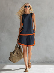 Elegant And Casual Two-tone Trim Dark Blue Cotton And Linen Vest And Shorts Set
