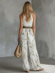 Elegant White  Printed Chiffon Wide-Leg Pants
