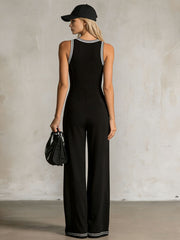 Color-blocked V-neck Button-down Double-pocket Sleeveless Jumpsuit