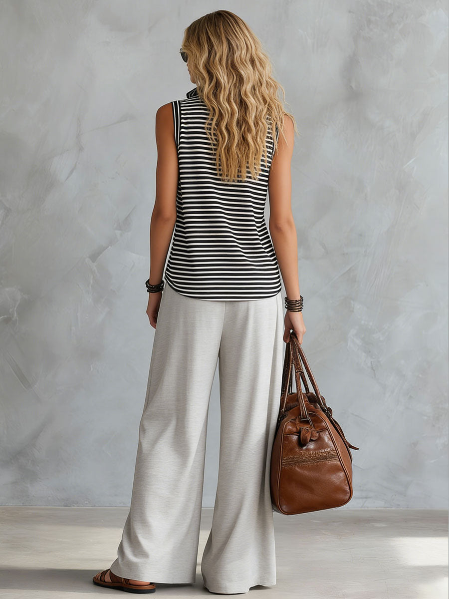 Casual Sporty Retro Half-Zip Black and White Striped Sleeveless Top