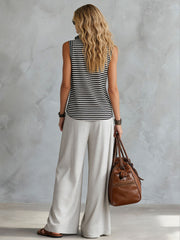 Casual Sporty Retro Half-Zip Black and White Striped Sleeveless Top