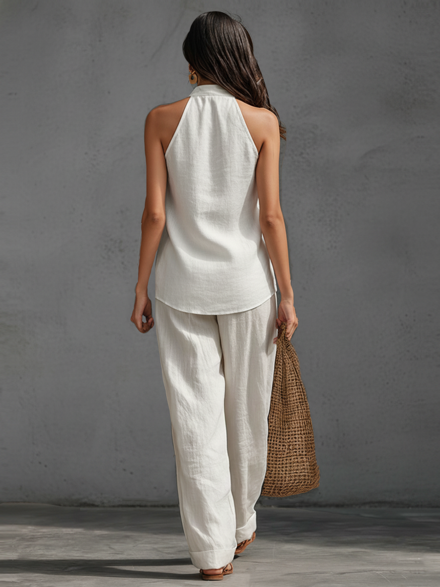 Casual Urban Style White Linen V-neck Sleeveless Top And Wide Leg Pants Set
