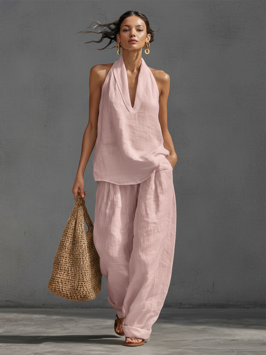Casual Urban Style White Linen V-neck Sleeveless Top And Wide Leg Pants Set