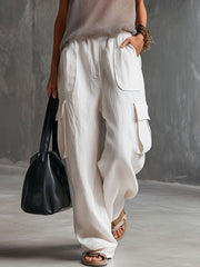 Casual Retro White Cotton And Linen Cargo Pants