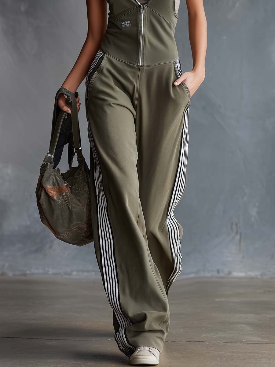 Retro Fashion Sports V-Neck Front-Zip Olive Green Cotton Overalls Jumpsuit