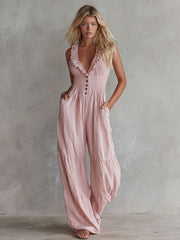 Casual Retro Ruffled Pink Sleeveless V-neck Button Cotton And Linen Jumpsuit