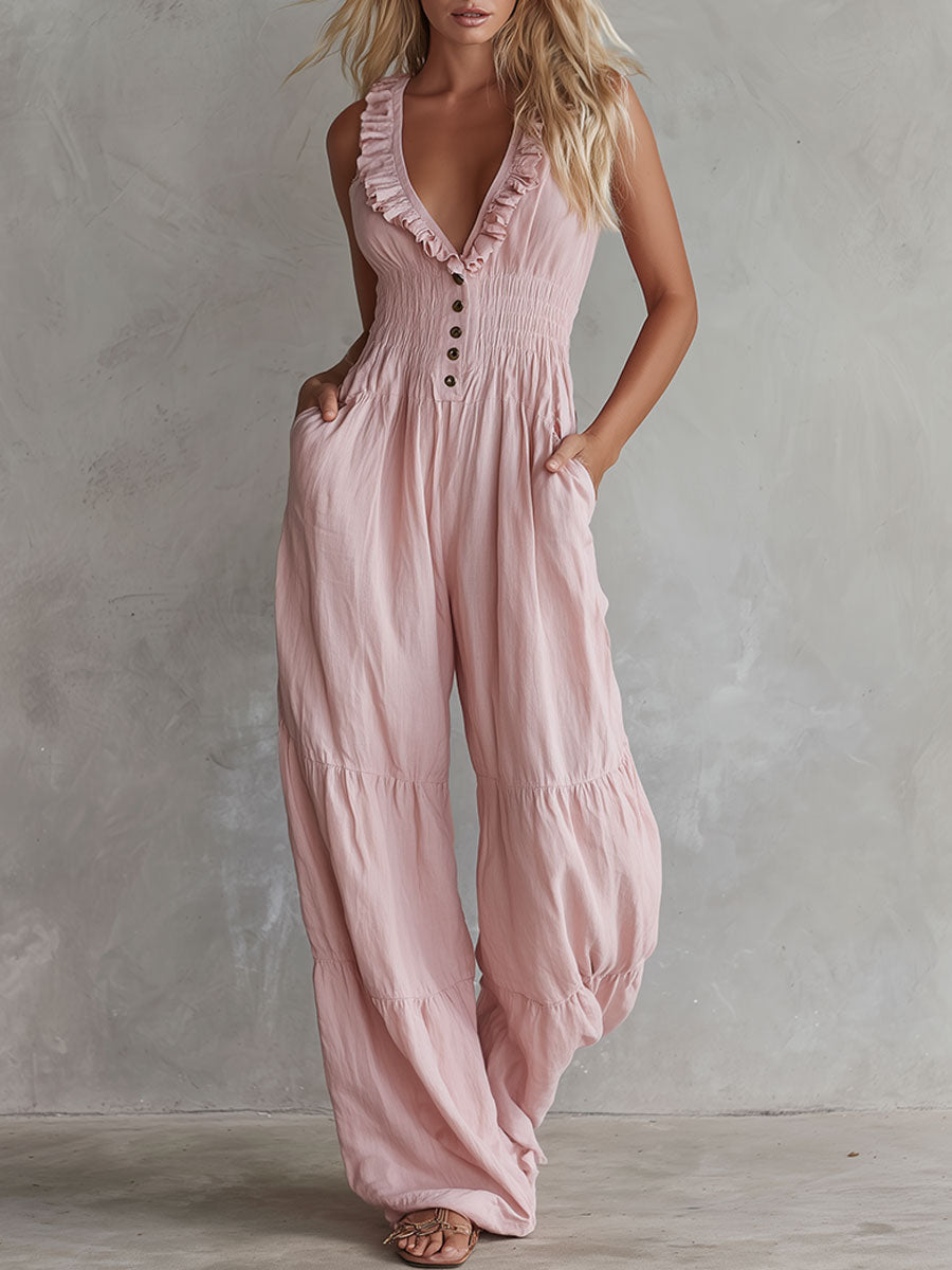 Casual Retro Ruffled Pink Sleeveless V-neck Button Cotton And Linen Jumpsuit