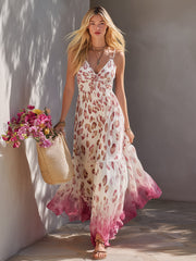 Elegant Retro White Gradient Leopard Print Chiffon Spaghetti-Strap Maxi Dress