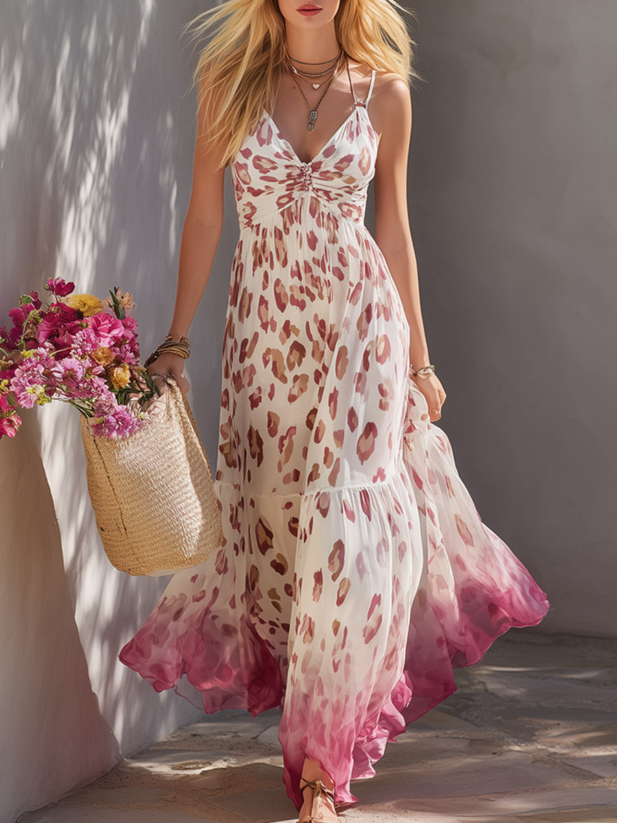 Elegant Retro White Gradient Leopard Print Chiffon Spaghetti-Strap Maxi Dress